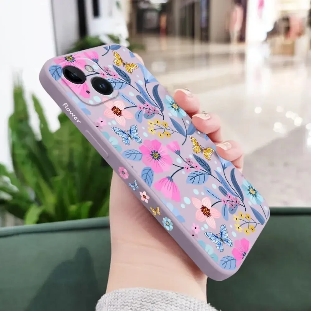 Purple Silicone iPhone‎ 15 Pro Case with Pink and Blue Floral Design